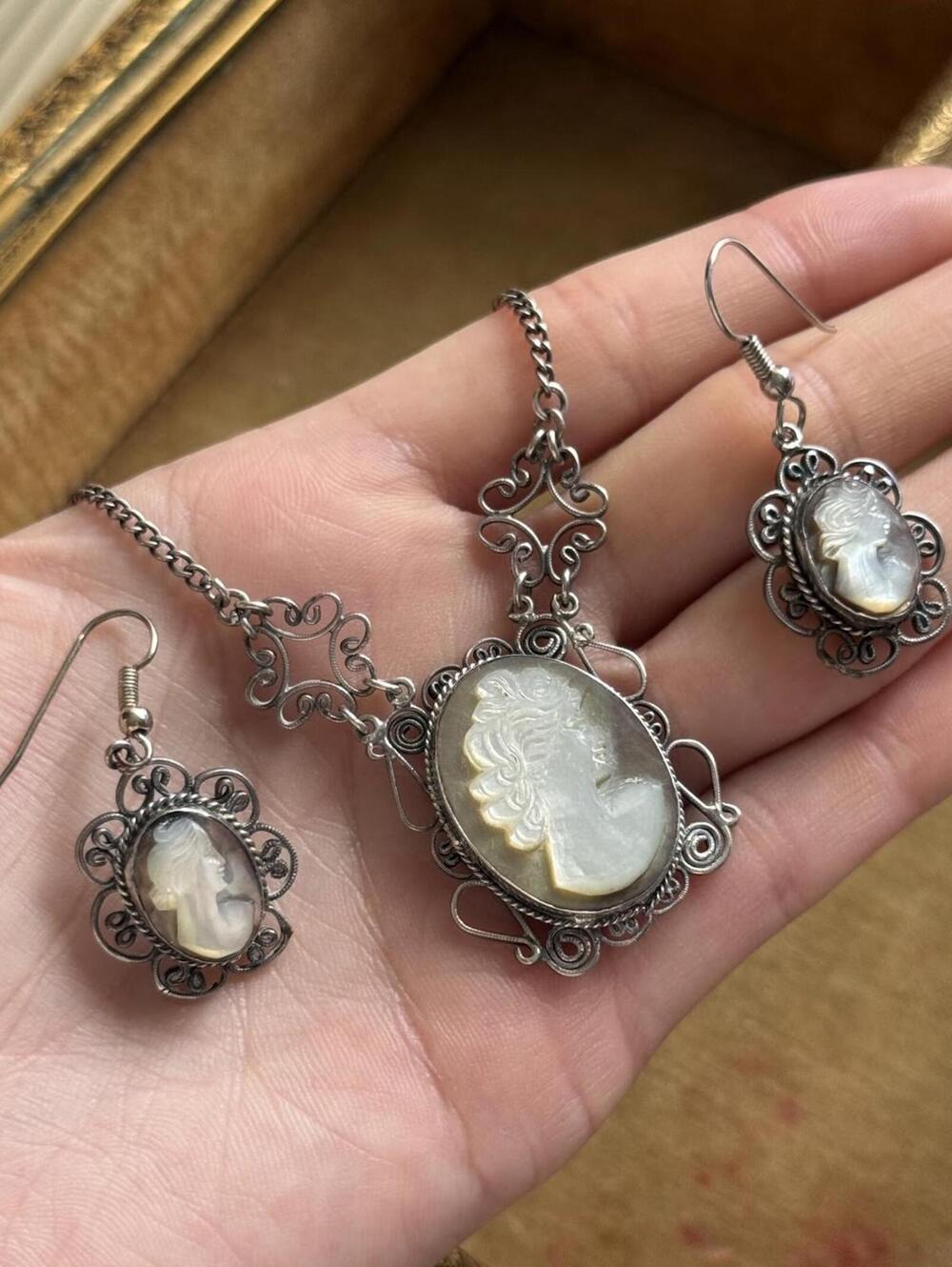 Vintage Hand Carved Cameo Necklace Filigree Victorian Revival Set